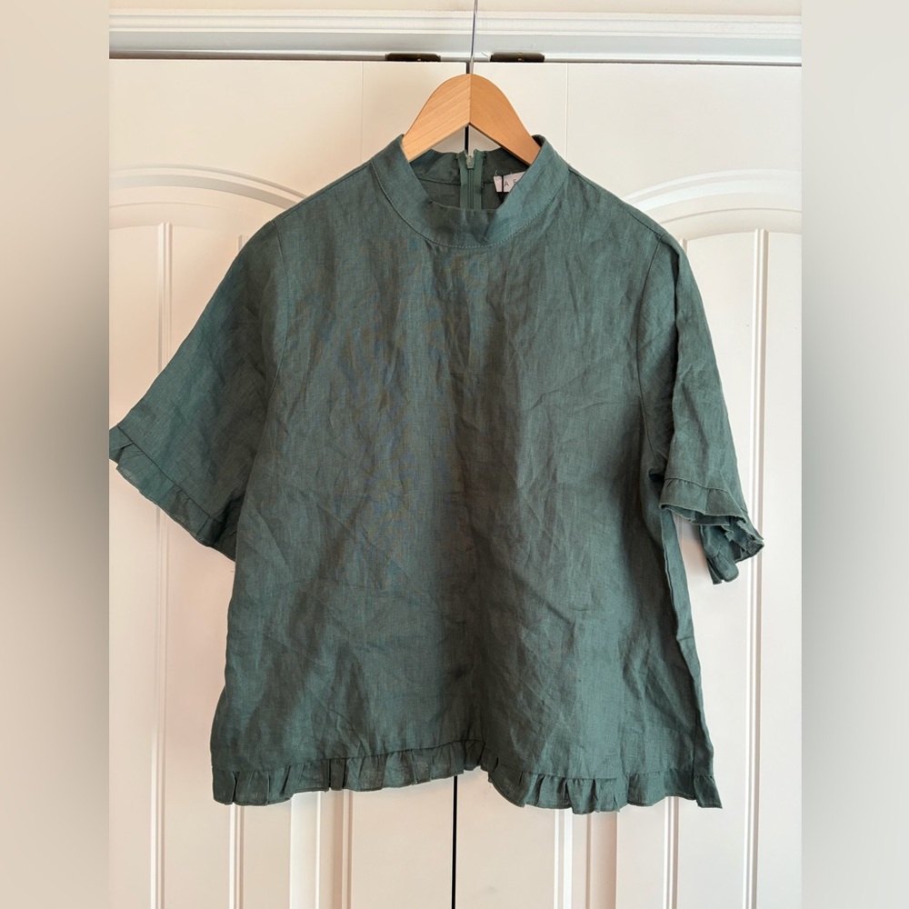 AERE NWT 100% Linen Frill Sleeve Botanical Green Blouse Women's Sz 10 Resort